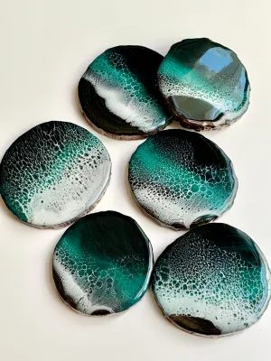 3 Emerald Seascape Wooden Coasters
