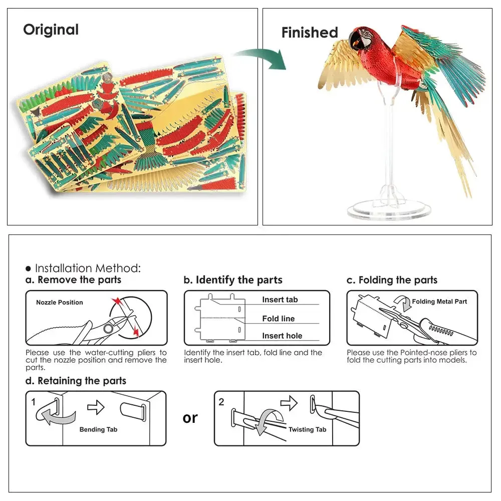 3d Metal Puzzle -scarlet Macaw with Acrylic Stand Diy Model Kits Assemble Jigsaw Toy Desktop Decoration Gift for Adult