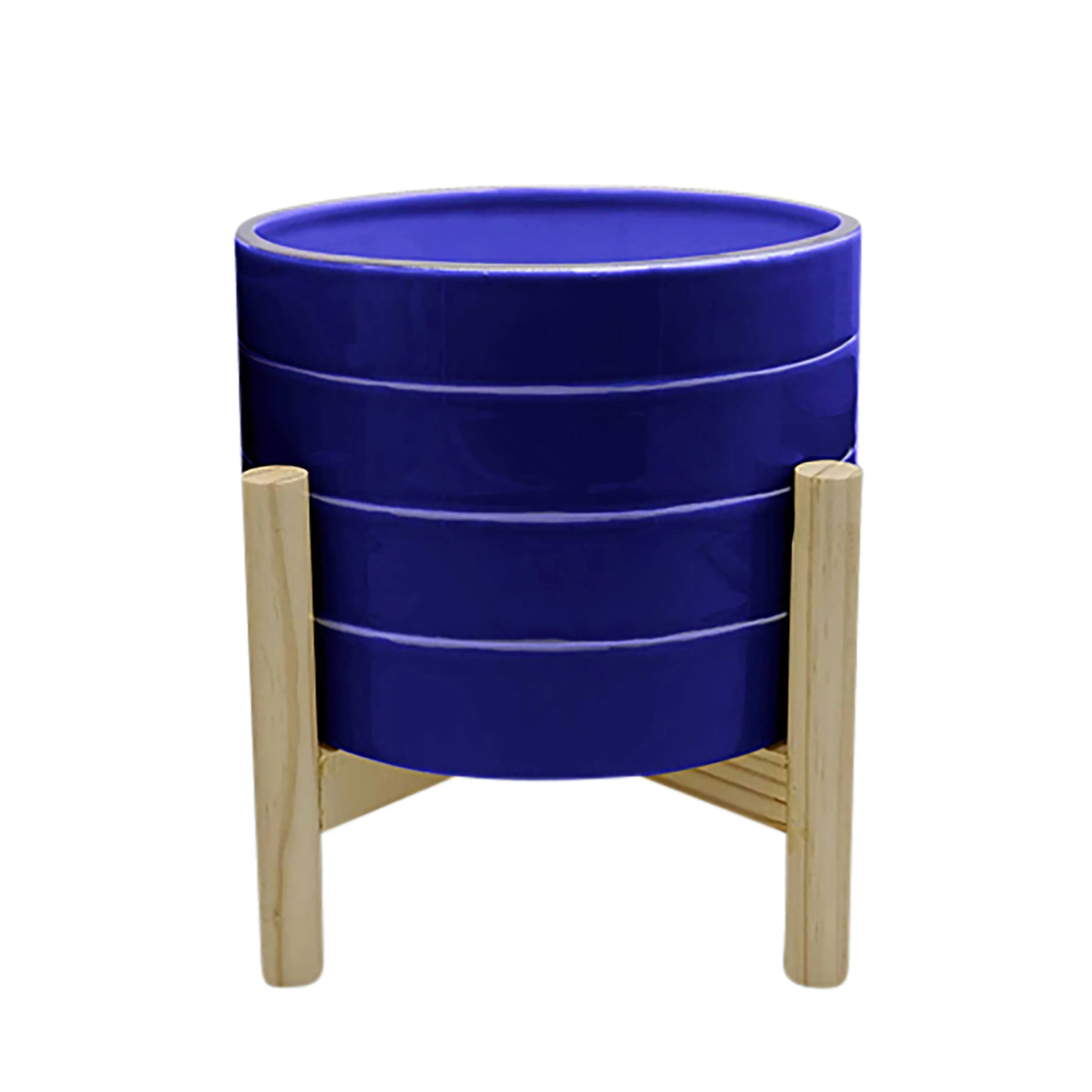 8" Striped Planter W/ Wood Stand, Navy