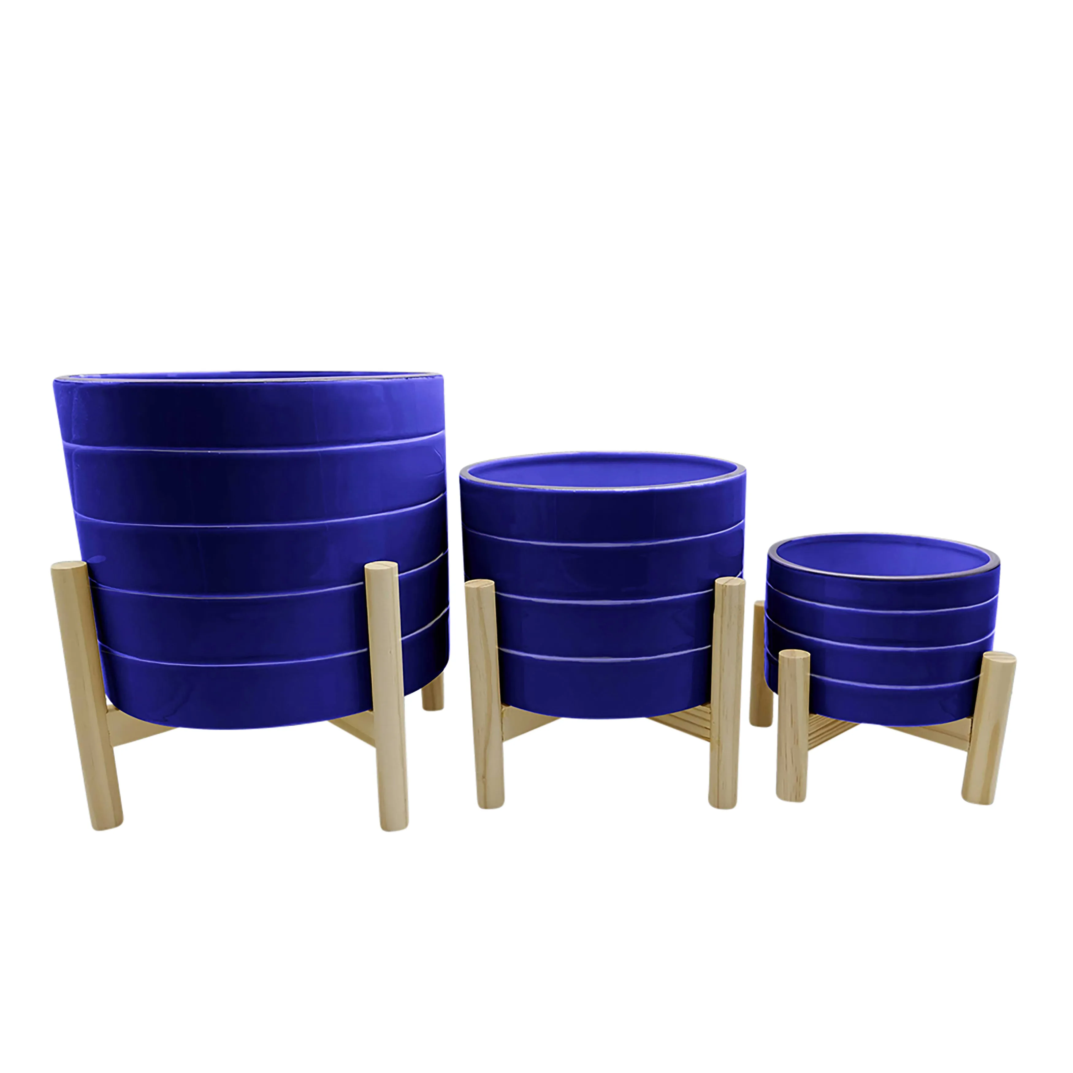 8" Striped Planter W/ Wood Stand, Navy