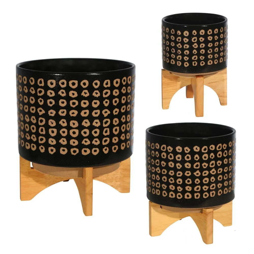 9 Inch Ceramic Round Planter, Wood Stand, Circular Pattern, Medium, Black By Casagear Home