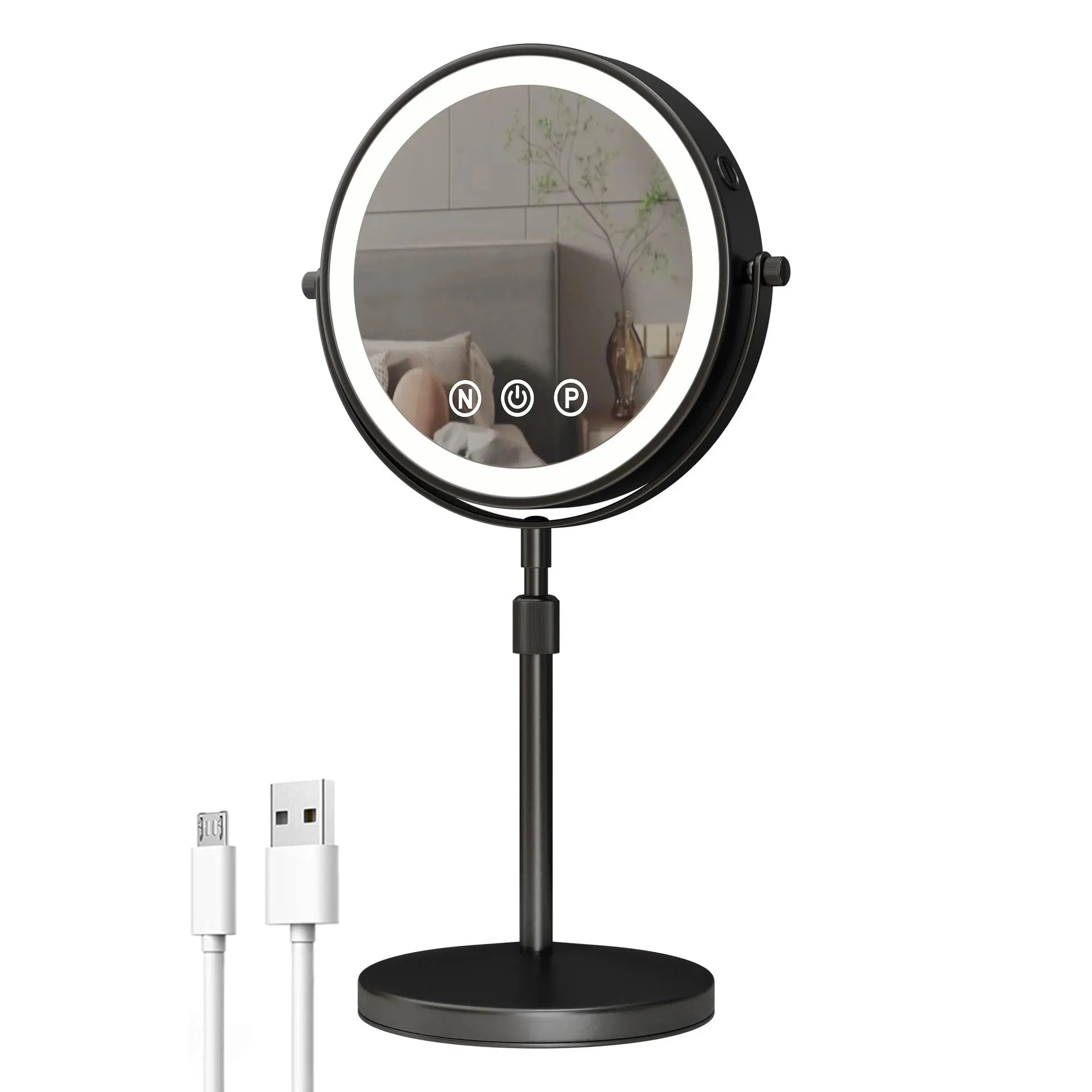 9 Inch Double-Sided LED Black Metal Ring Light Mirror with 3x Magnification and Adjustable Brightness