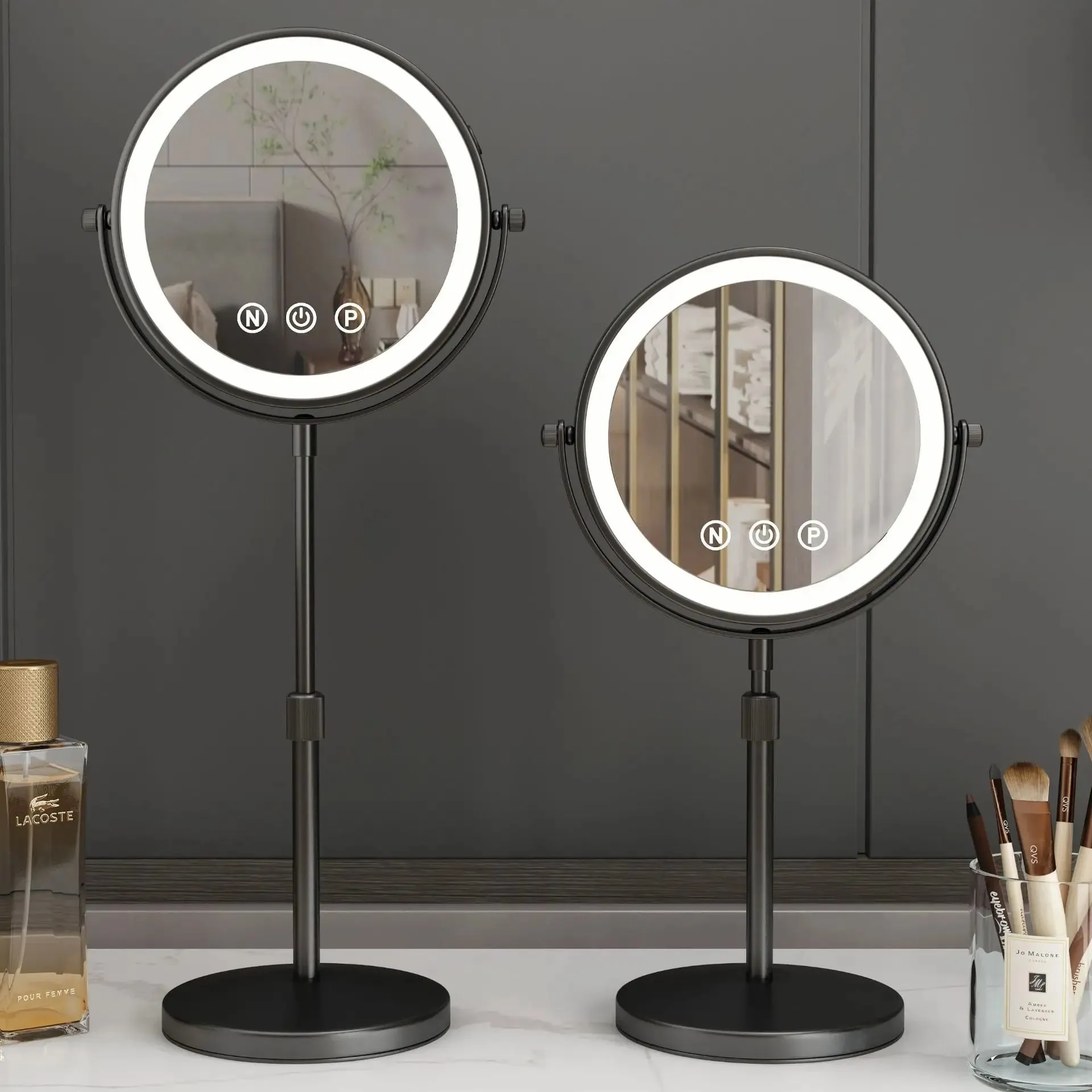 9 Inch Double-Sided LED Black Metal Ring Light Mirror with 3x Magnification and Adjustable Brightness