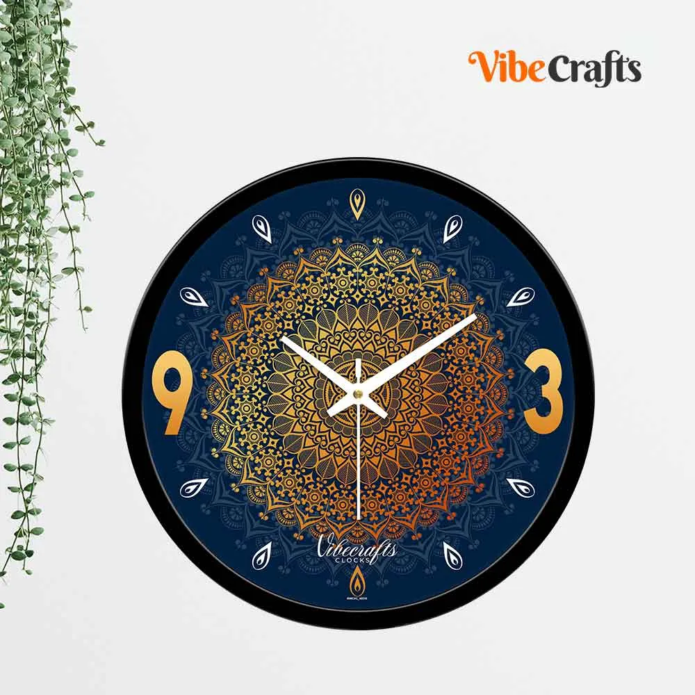 Abstract Blue Background Golden Mandala Designer Wall Clock