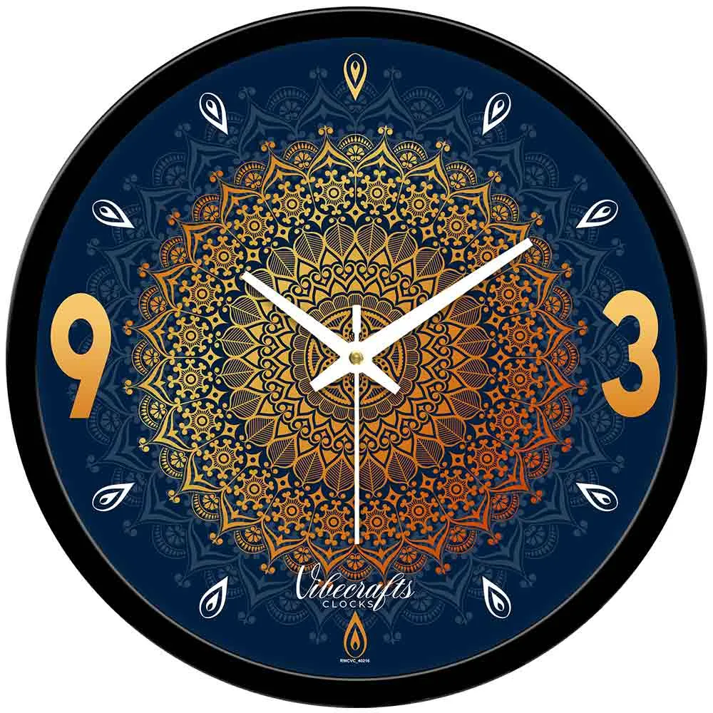 Abstract Blue Background Golden Mandala Designer Wall Clock