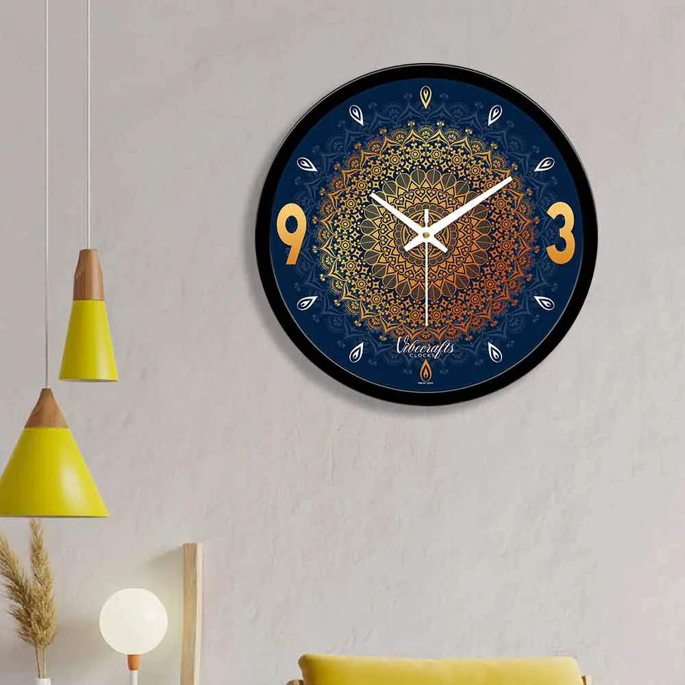 Abstract Blue Background Golden Mandala Designer Wall Clock