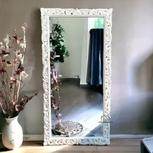AESTHETIC DECOR 4x2.5 Wooden Carved Wall Mirror Frame Solid Wood, | with Out Mirror | Flower (Deco white,
