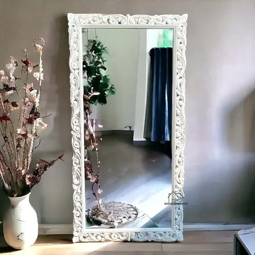 AESTHETIC DECOR 4x2.5 Wooden Carved Wall Mirror Frame Solid Wood, | with Out Mirror | Flower (Deco white,