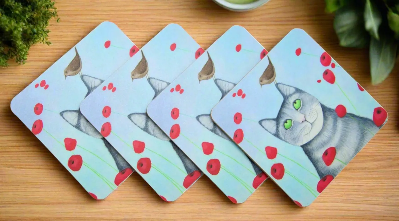 Ailsa Black Cat With Poppies Set of 4 Cat Coasters