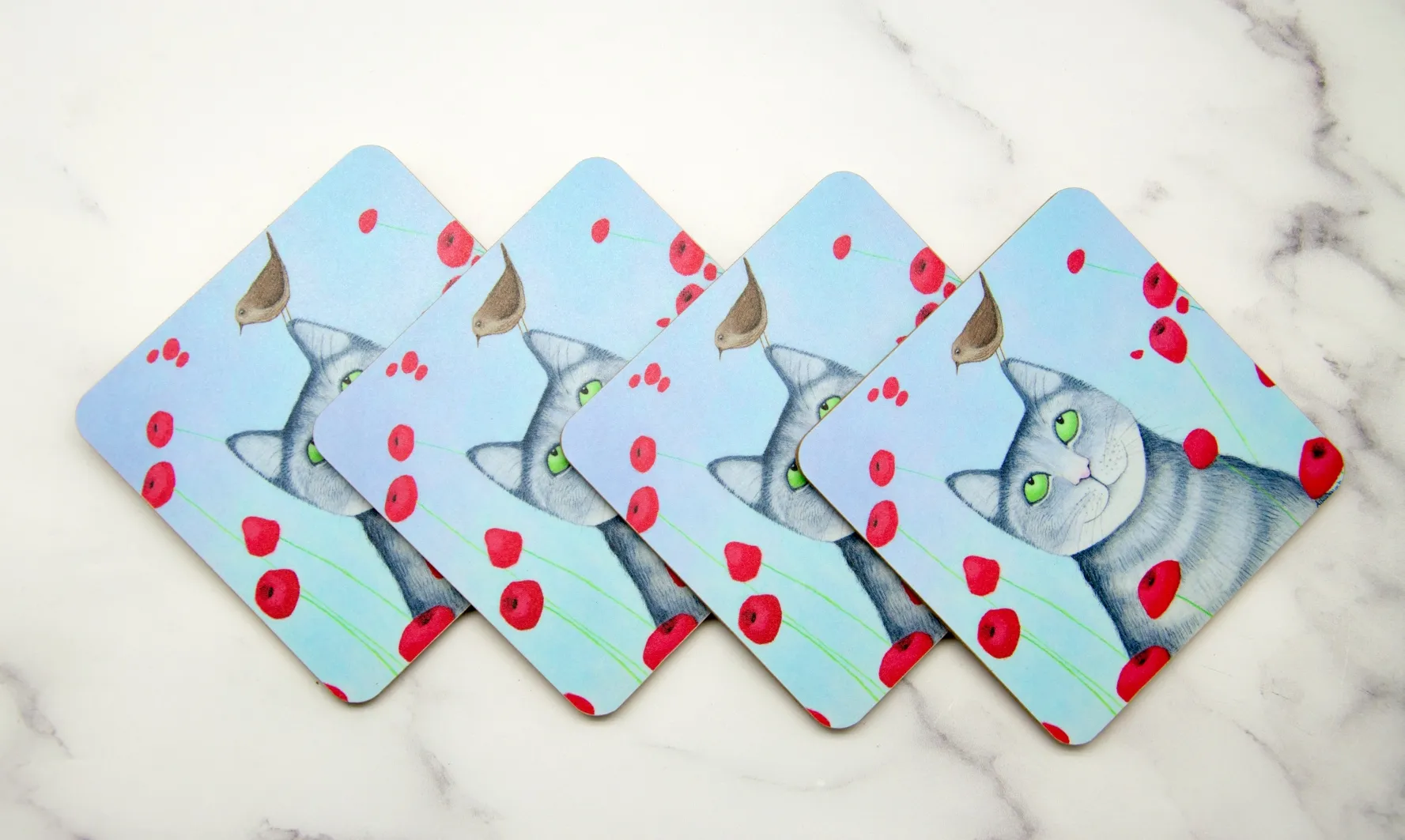 Ailsa Black Cat With Poppies Set of 4 Cat Coasters