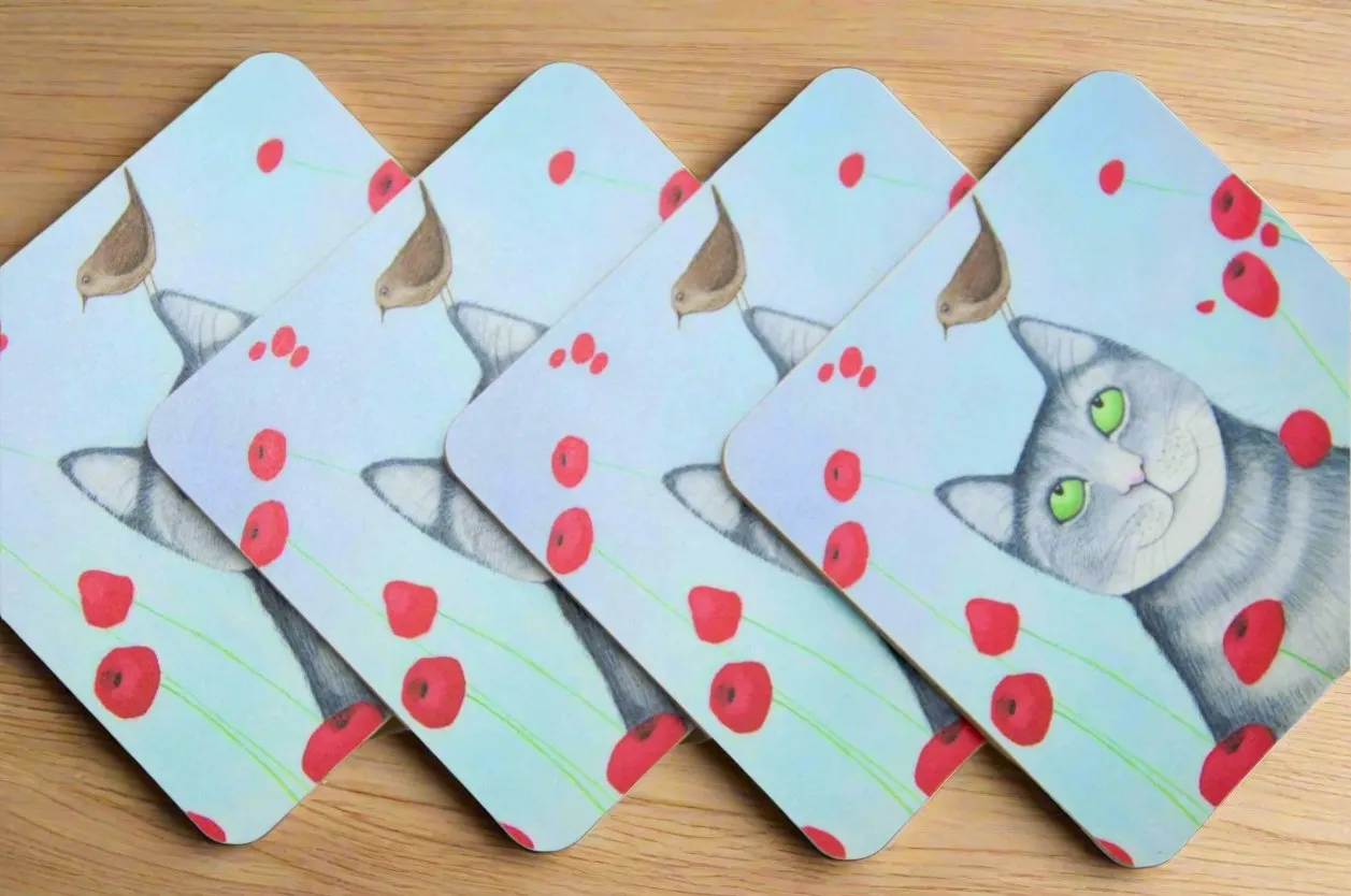 Ailsa Black Cat With Poppies Set of 4 Cat Coasters