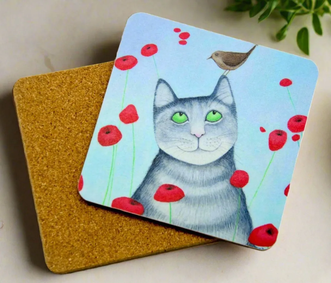 Ailsa Black Cat With Poppies Set of 4 Cat Coasters