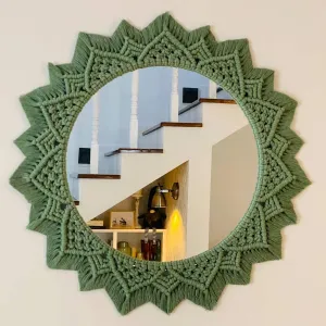 Alamcraft Macrame Mirror Handmade Boho Wall Hanging Mirror Unique Aaina for Interior Vintage Accent Make-Up Bedroom Living Room Home Decoration Dia 18 Inches, 1-Piece (Green)