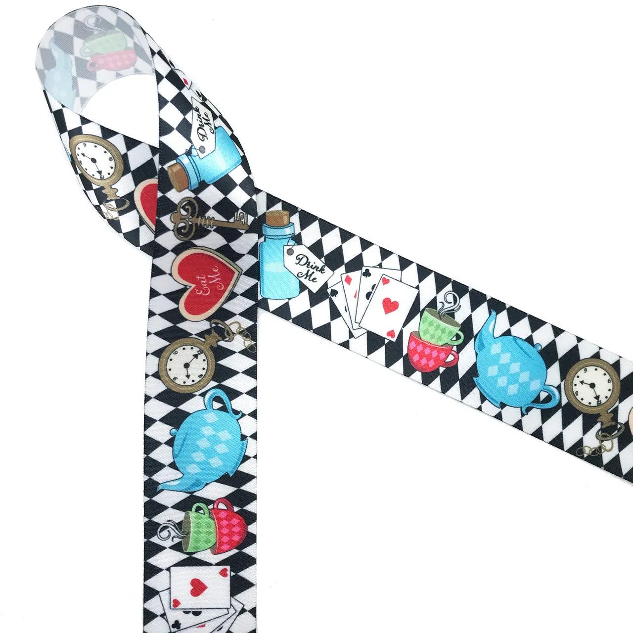 Alice in Wonderland ribbon with all the elements of her story on a black and white harlequin background printed on 1.5" white single face satin