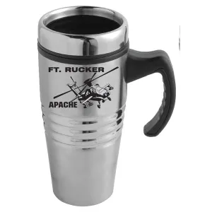Apache Helicopter with Fort Rucker in Black Imprint on Stainless Tumbler with a Handle