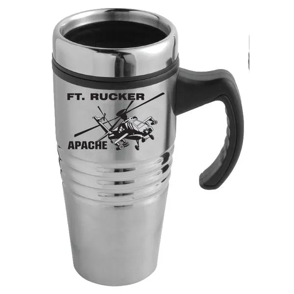 Apache Helicopter with Fort Rucker in Black Imprint on Stainless Tumbler with a Handle