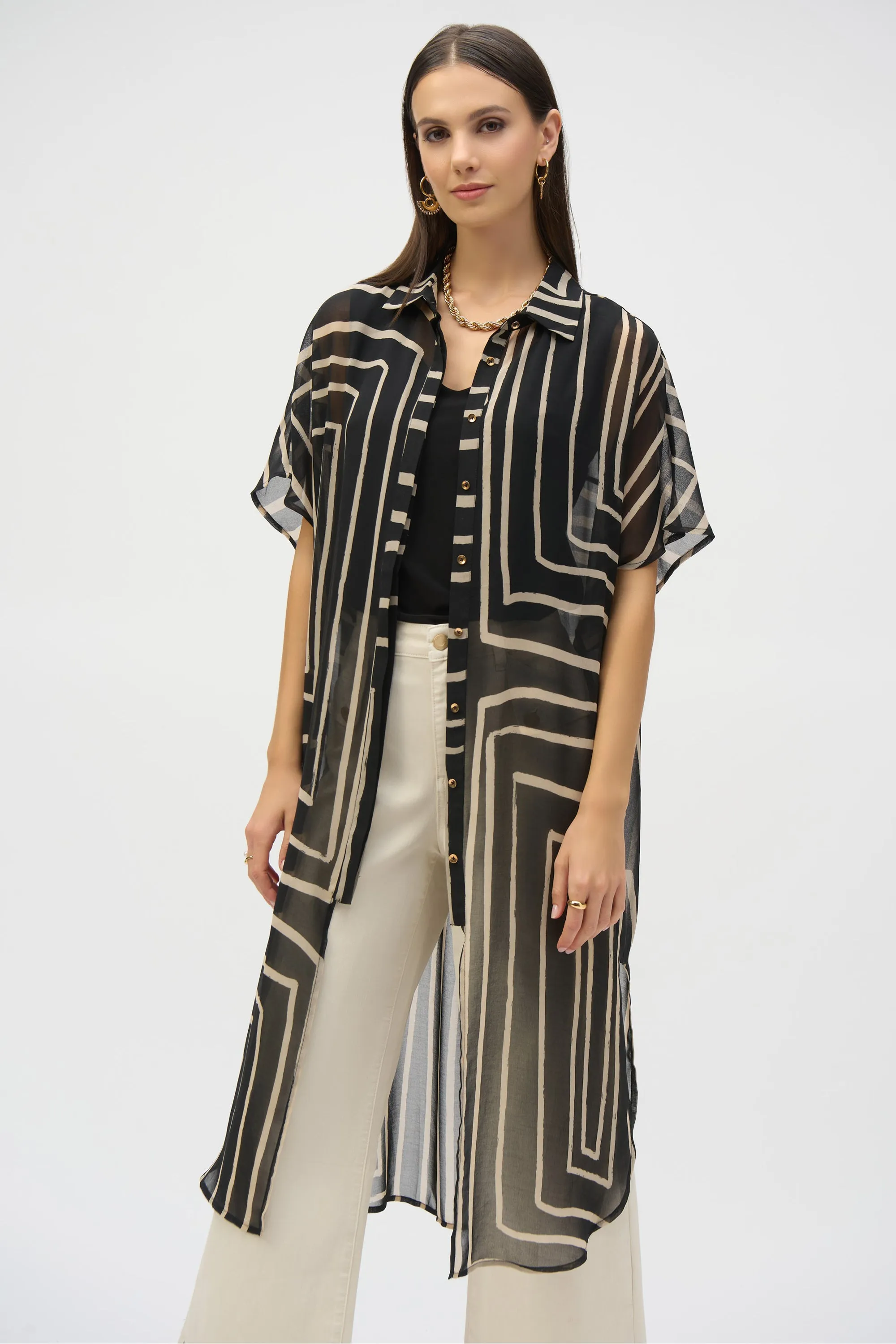 BLACK BEIGE GEOMETRIC CHIFFON DUSTER
