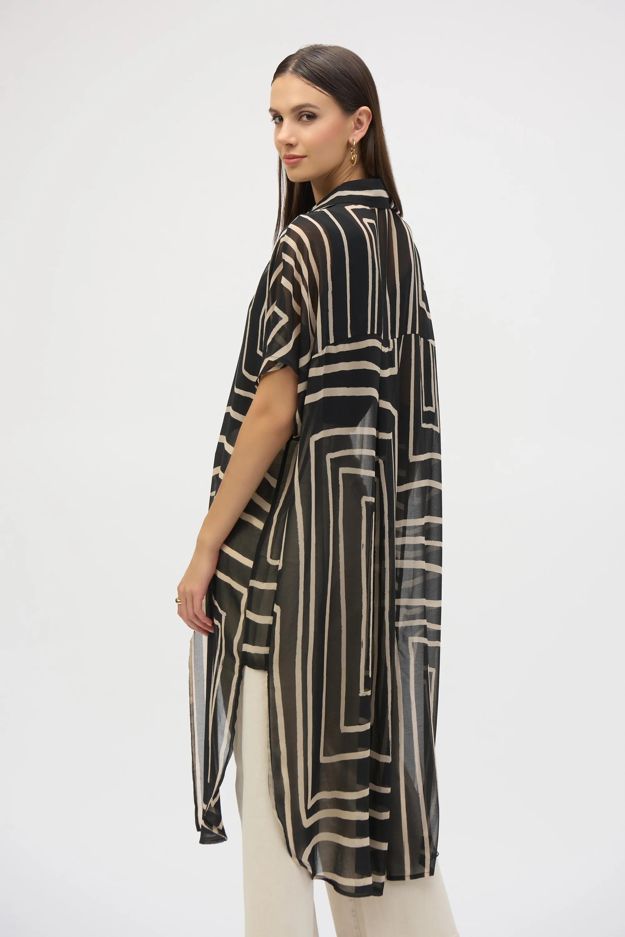 BLACK BEIGE GEOMETRIC CHIFFON DUSTER
