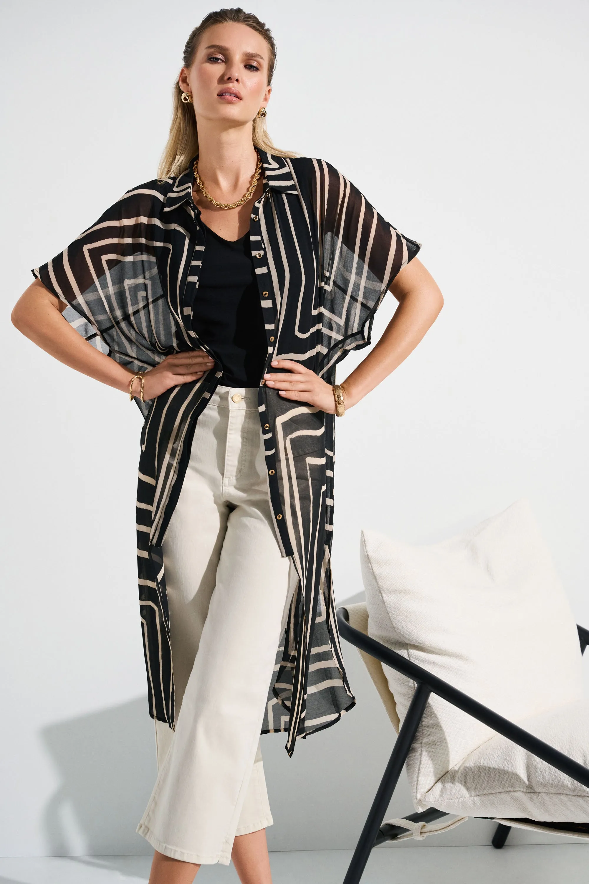 BLACK BEIGE GEOMETRIC CHIFFON DUSTER
