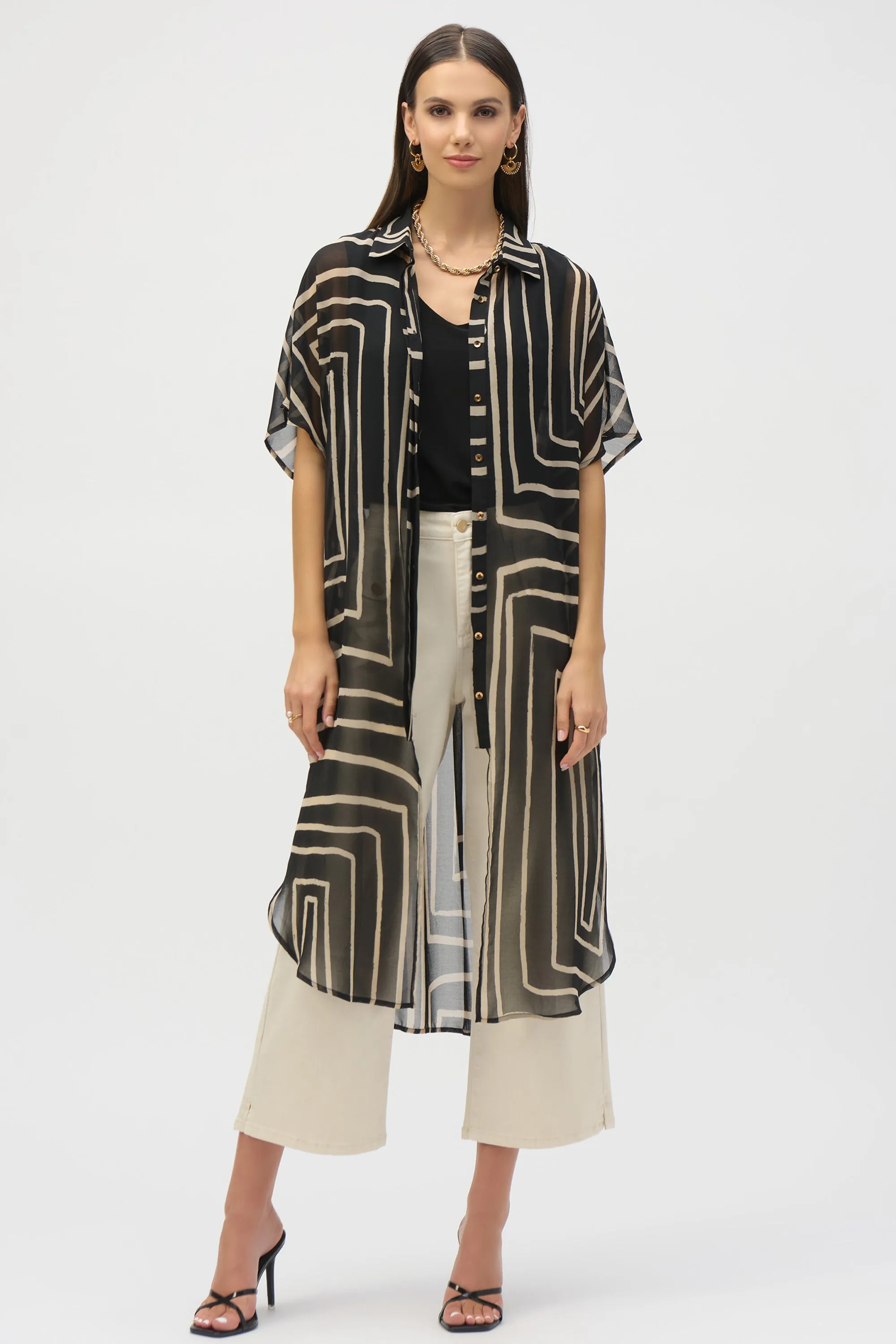 BLACK BEIGE GEOMETRIC CHIFFON DUSTER