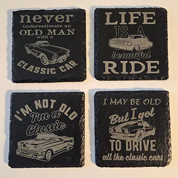 Classic Car themed Slate Coasters with funny sayings, vintage cars, set of 4 set#9