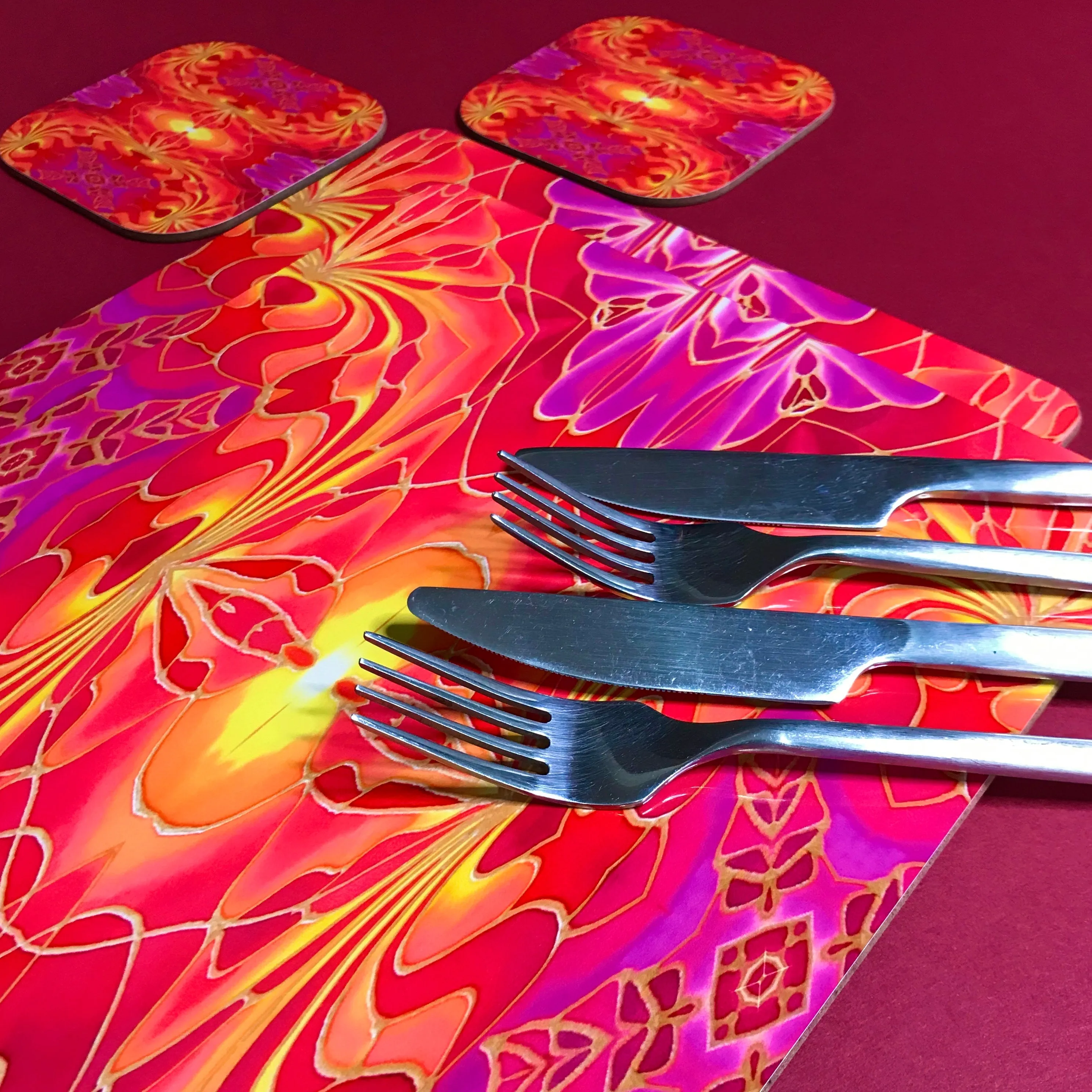 Dramatic Bright Pink Red Yellow Orange Placemats & Coasters - Red Pink Orchid Table Mats