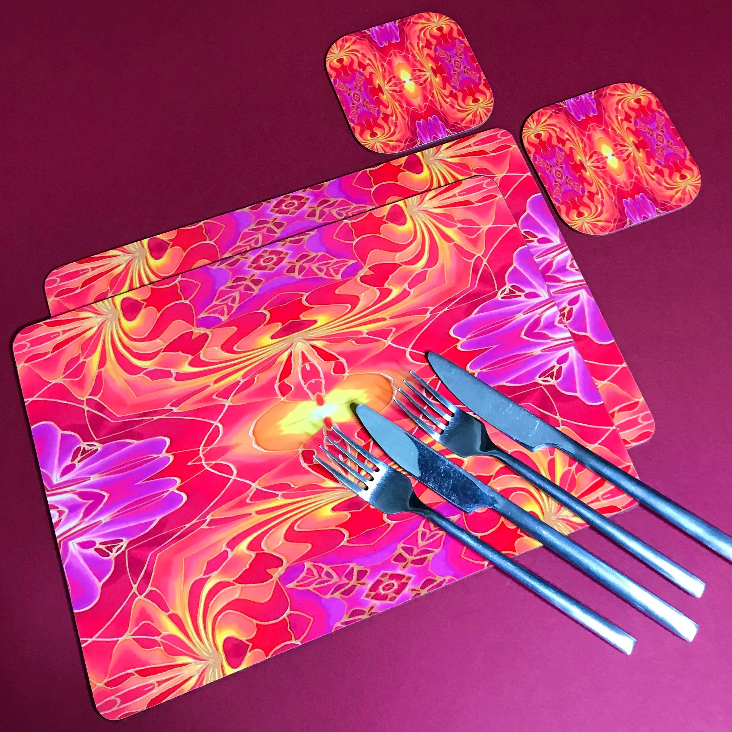 Dramatic Bright Pink Red Yellow Orange Placemats & Coasters - Red Pink Orchid Table Mats