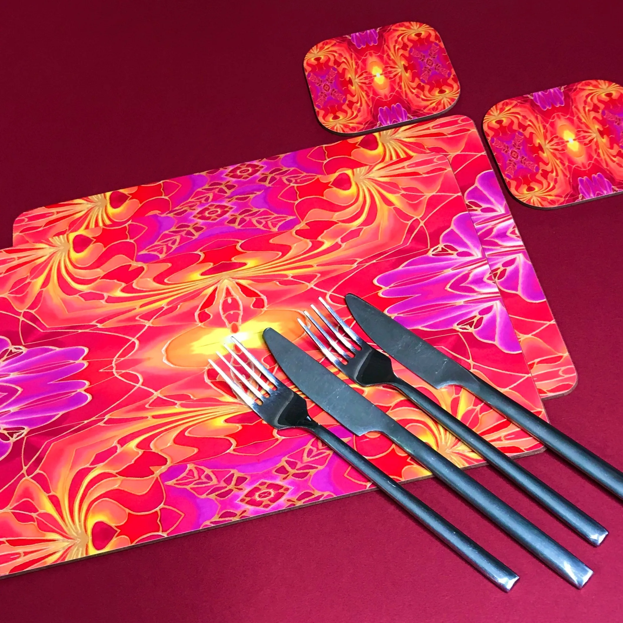 Dramatic Bright Pink Red Yellow Orange Placemats & Coasters - Red Pink Orchid Table Mats