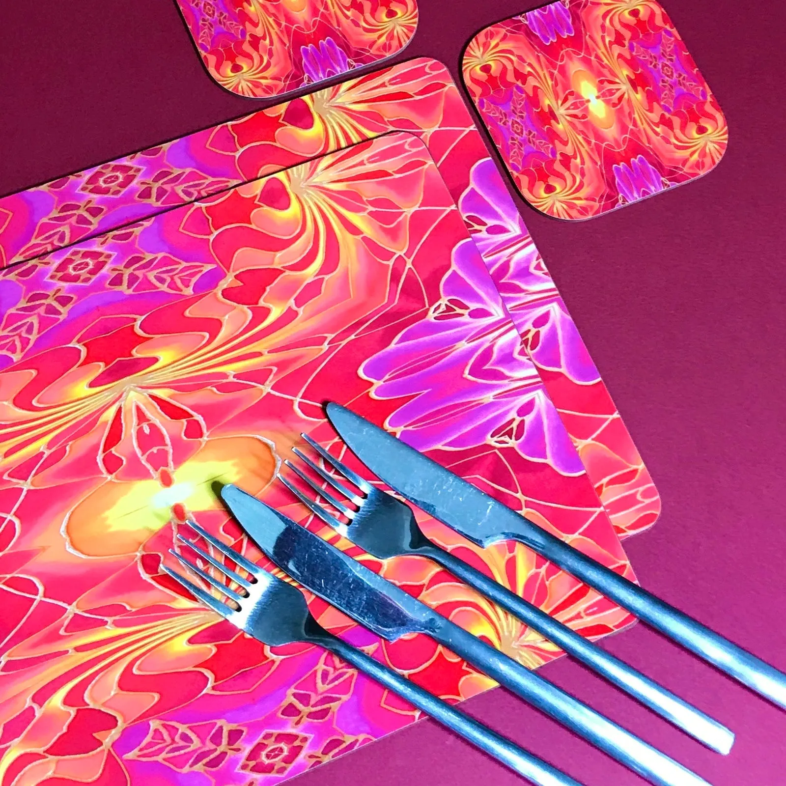 Dramatic Bright Pink Red Yellow Orange Placemats & Coasters - Red Pink Orchid Table Mats