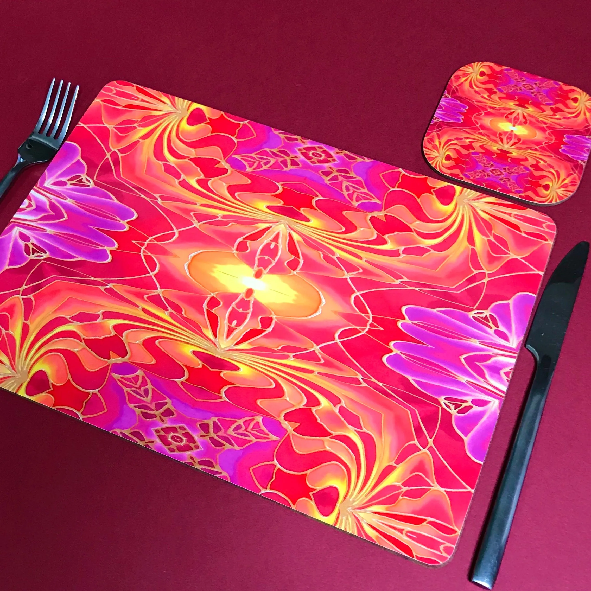 Dramatic Bright Pink Red Yellow Orange Placemats & Coasters - Red Pink Orchid Table Mats