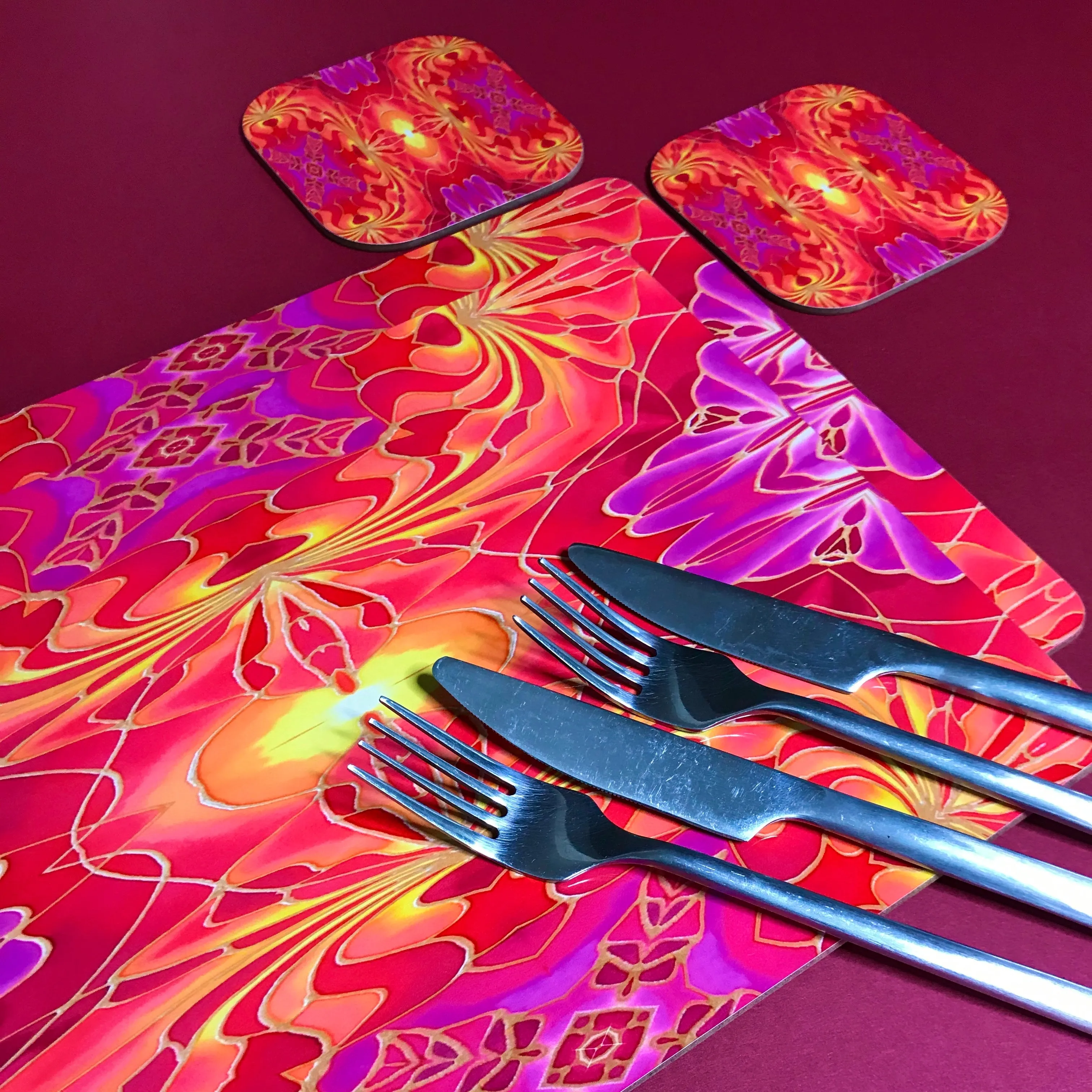 Dramatic Bright Pink Red Yellow Orange Placemats & Coasters - Red Pink Orchid Table Mats