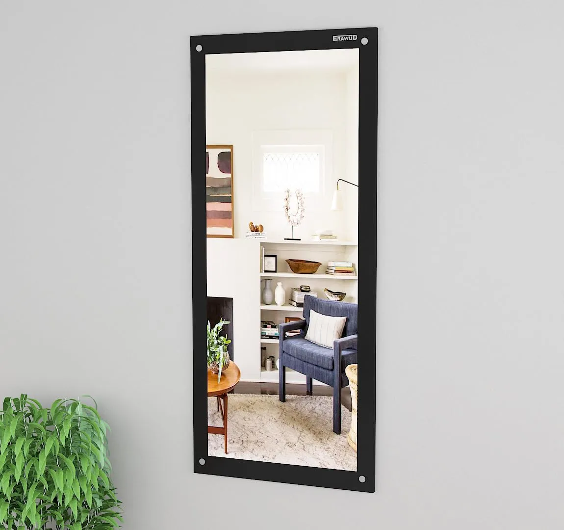 ERAWUD Wood Wall Mount Rectangular Wall Mirror 120 x 40 x 1.5 Cm with Shelves for Home Decor Engineered Wood - Black