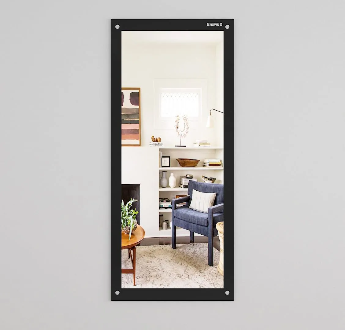 ERAWUD Wood Wall Mount Rectangular Wall Mirror 120 x 40 x 1.5 Cm with Shelves for Home Decor Engineered Wood - Black