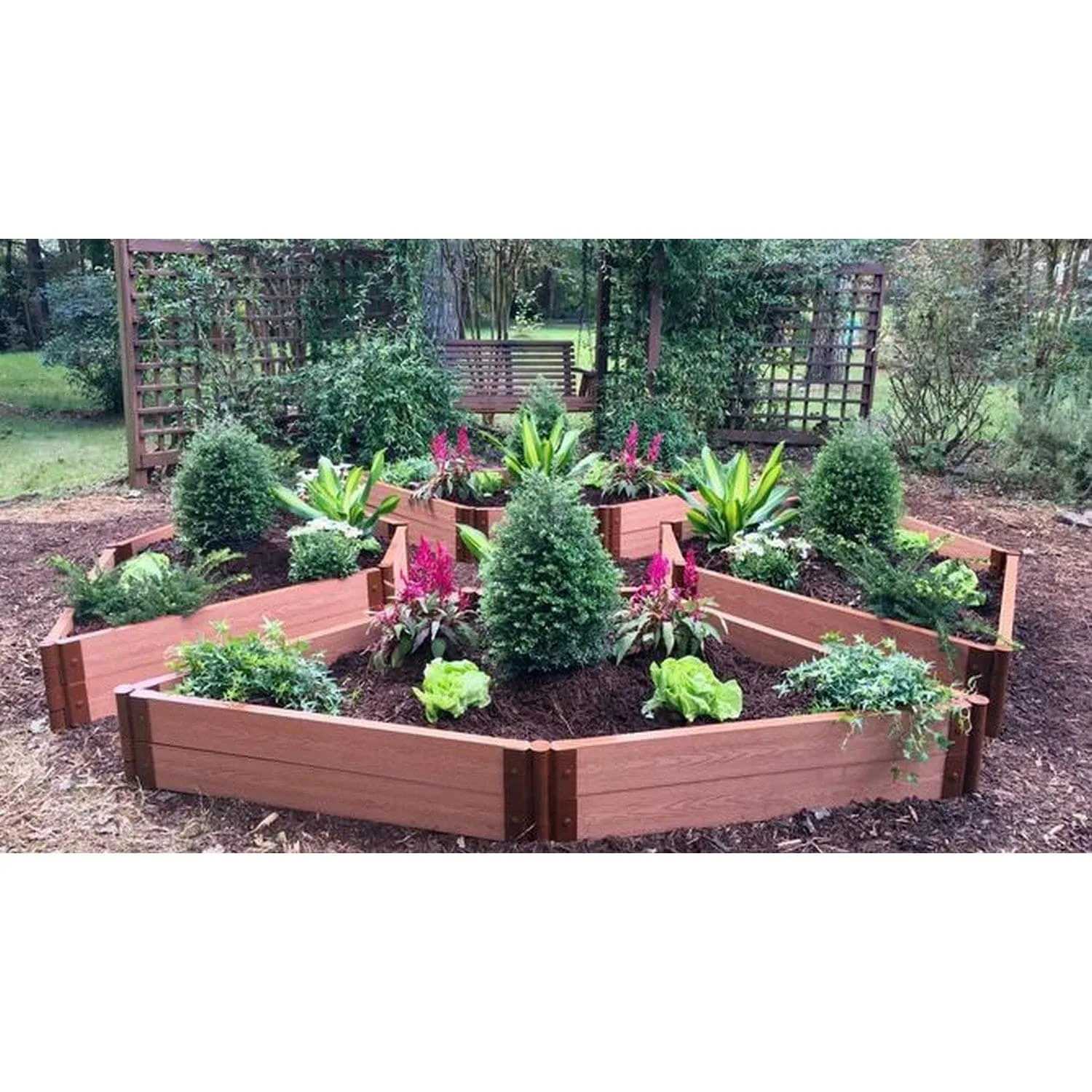 Frame It All | Tool-Free Elizabethan Garden Raised Garden Bed (4-Sided Triangle) 12' X 12' X 11" - Weathered Wood - 1" Profile