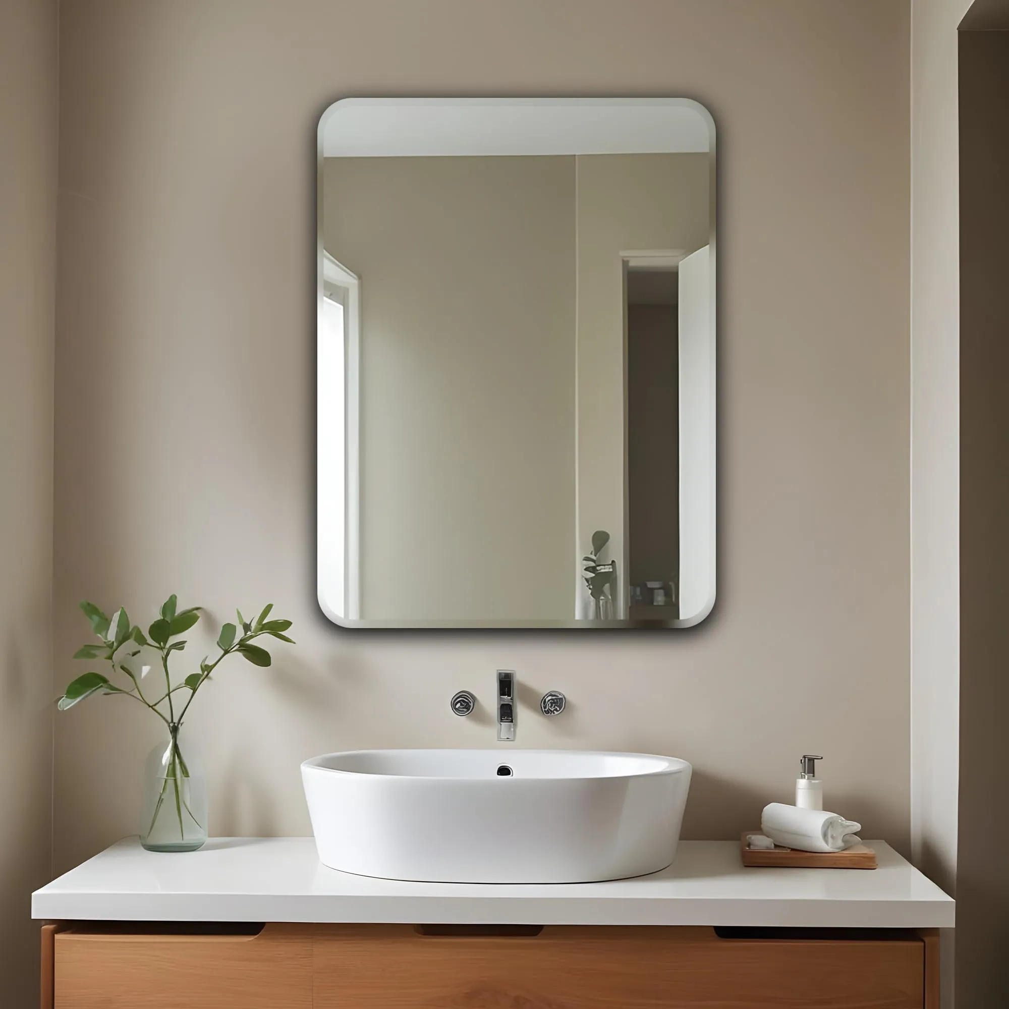 Germa Sanitarywares Curve Edge Rectangle Wall Mounted Frameless Mirror with Beveled Edges/Wall Mirror for Bathroom/Living Room/Bed Room/Dressing Room (18x24inch)