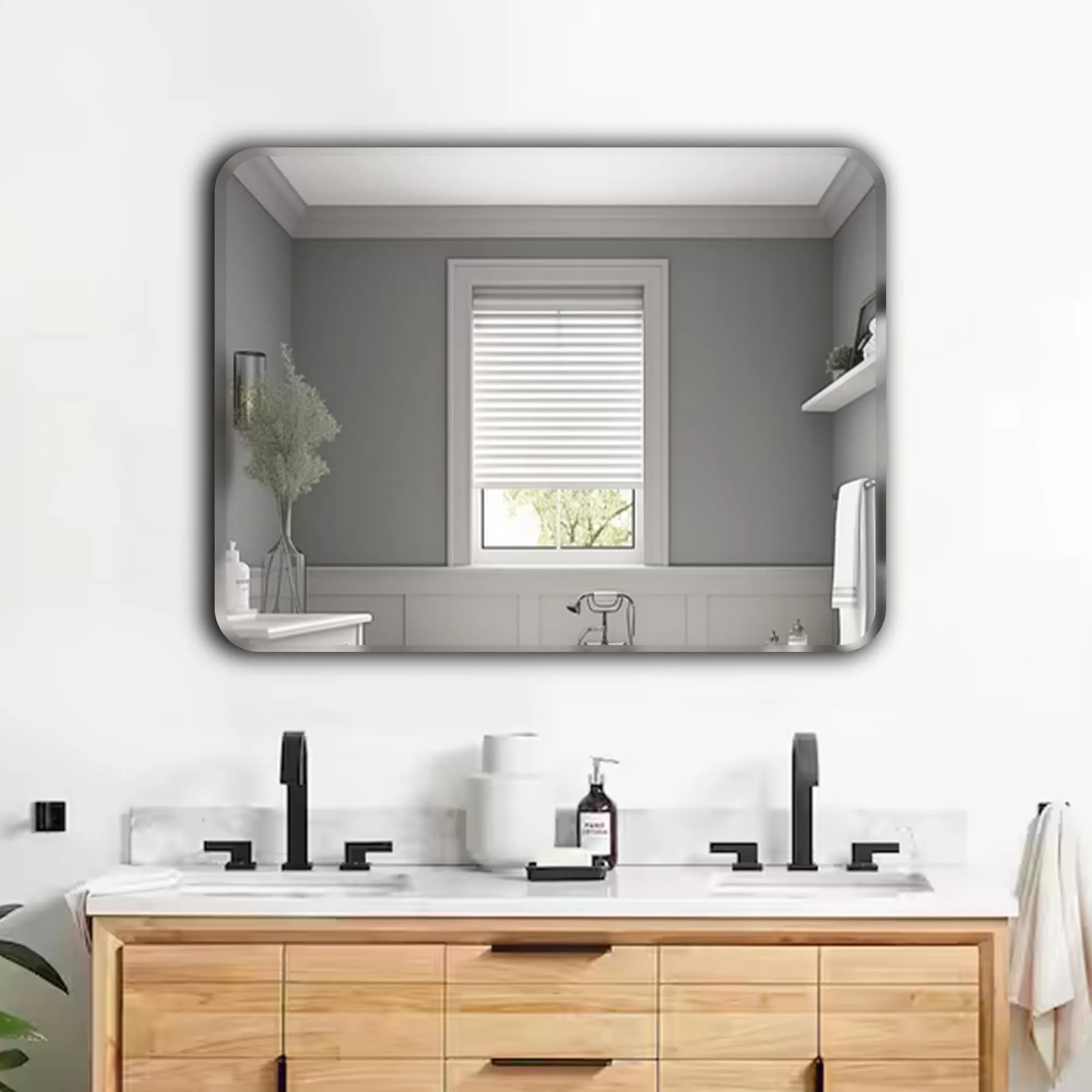 Germa Sanitarywares Curve Edge Rectangle Wall Mounted Frameless Mirror with Beveled Edges/Wall Mirror for Bathroom/Living Room/Bed Room/Dressing Room (18x24inch)