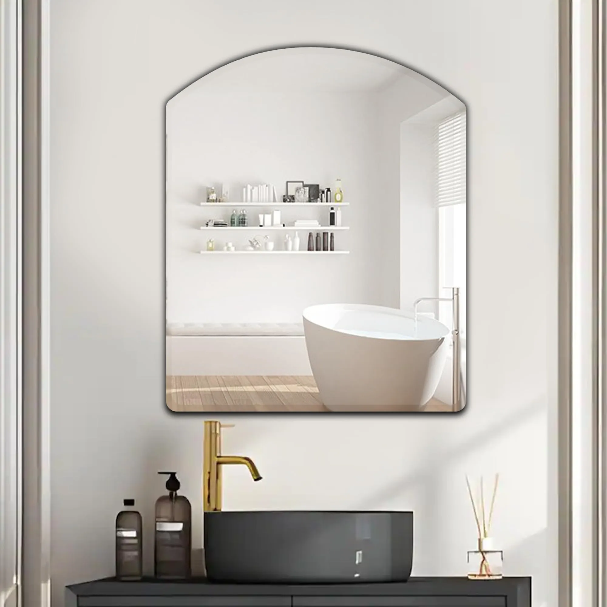 Germa Sanitarywares Semi-Round Rectangular Wall Mounted Frameless Mirror with Beveled Edges/Wall Mirror for Bathroom/Living Room/Bed Room/Dressing Room – 18x24inch