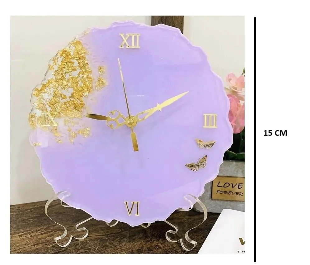 HANDARTED Premium Stylish Resin Luxury Table Clock with Stand Silent Quartz Decorative Latest Table Clock Battery Operate Easy to Use for Home/Office/School MDF Base (Lavender)