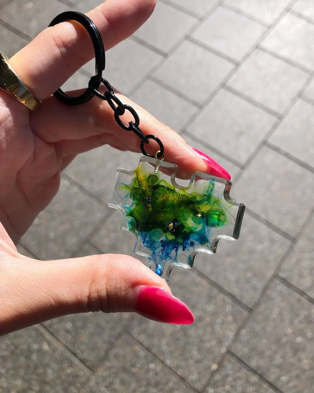 Handmade Resin Love Heart Green Blue Teal Keychain
