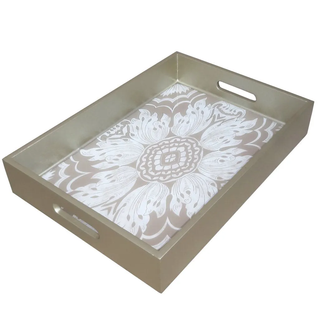 Handmade Reverse Painted Mirror Tray with Handles in Beige and Silver - Medium