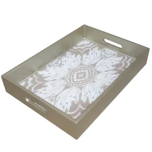 Handmade Reverse Painted Mirror Tray with Handles in Beige and Silver - Medium