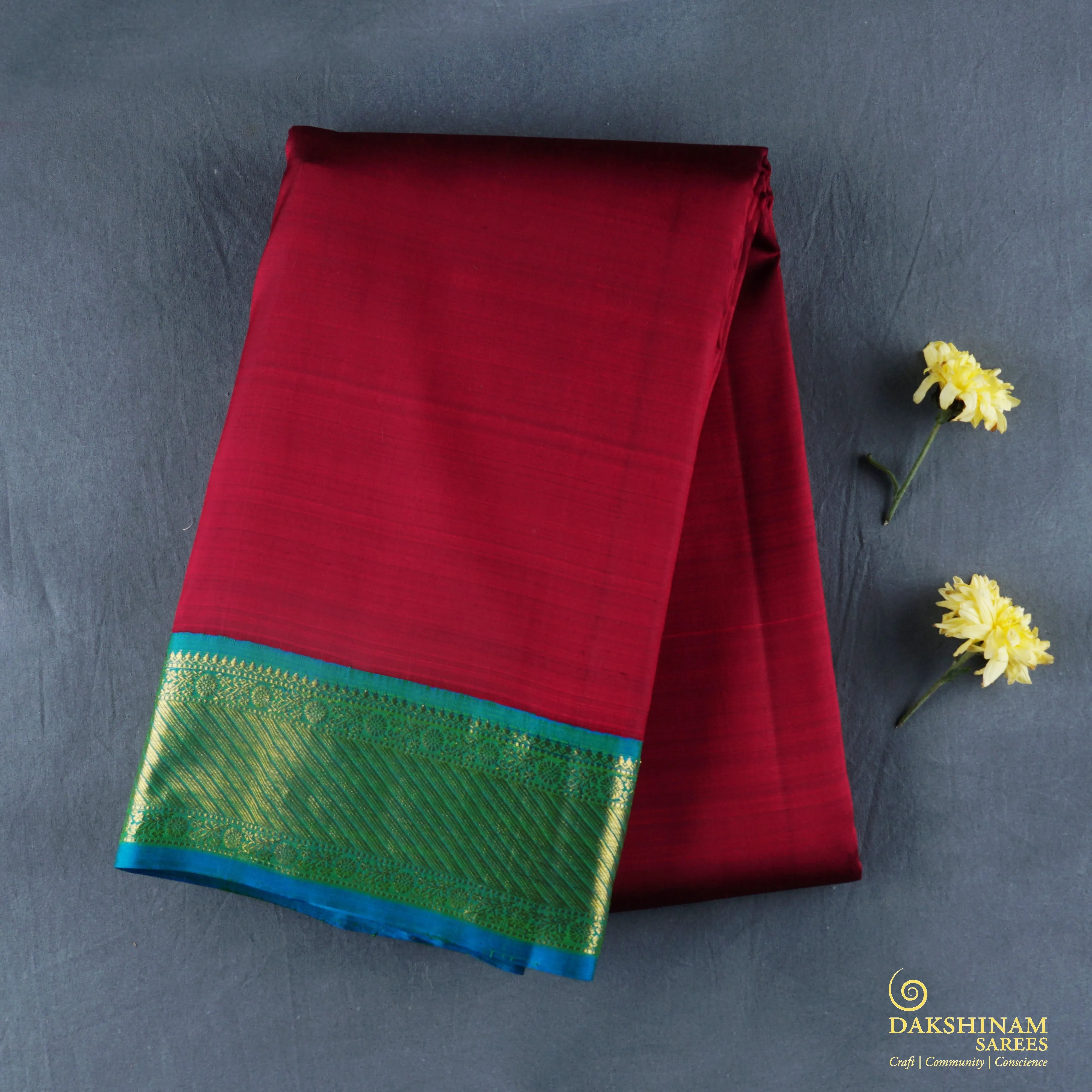Handwoven Maroon with Blue Kanjivaram Silk Saree - 1919T009035DSC