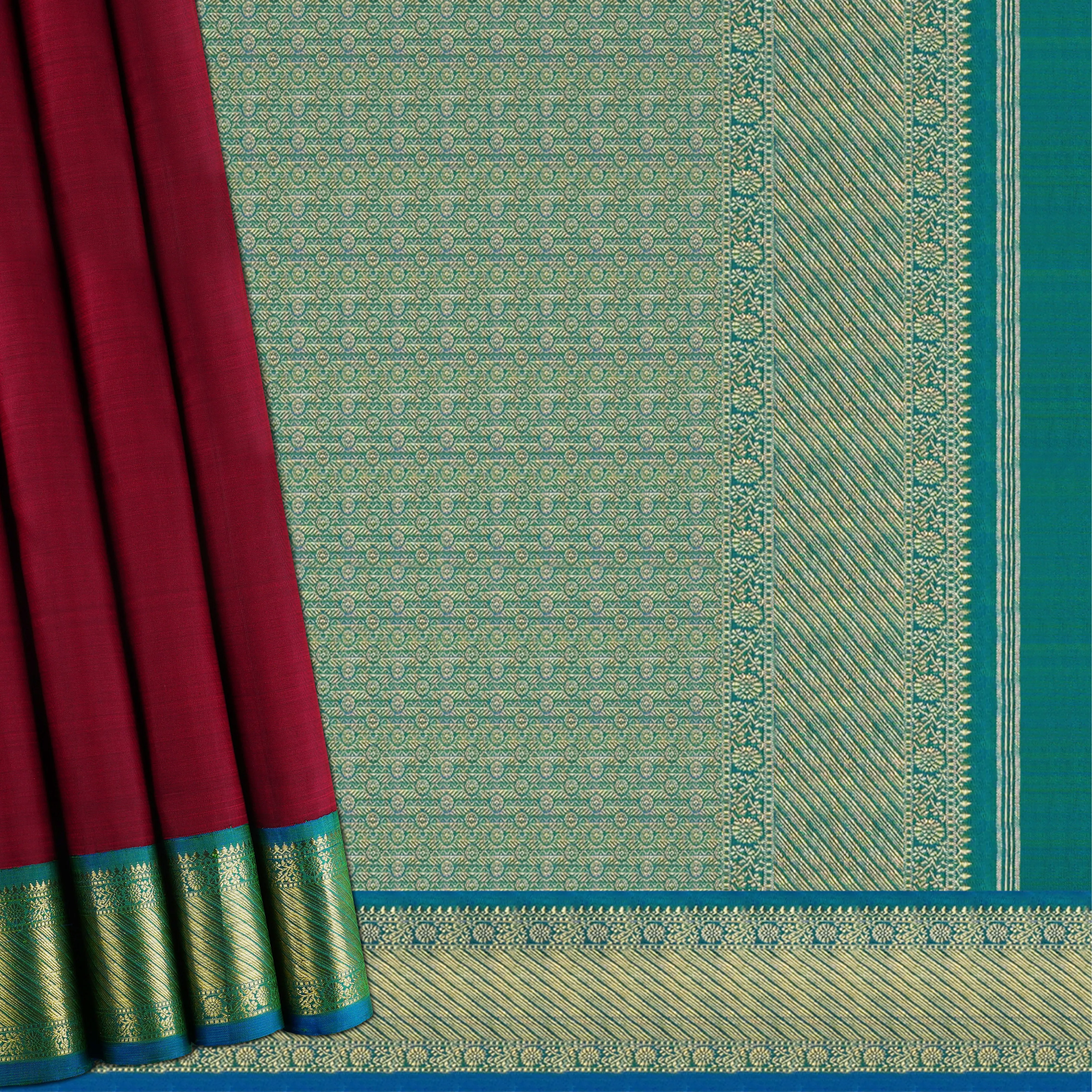 Handwoven Maroon with Blue Kanjivaram Silk Saree - 1919T009035DSC