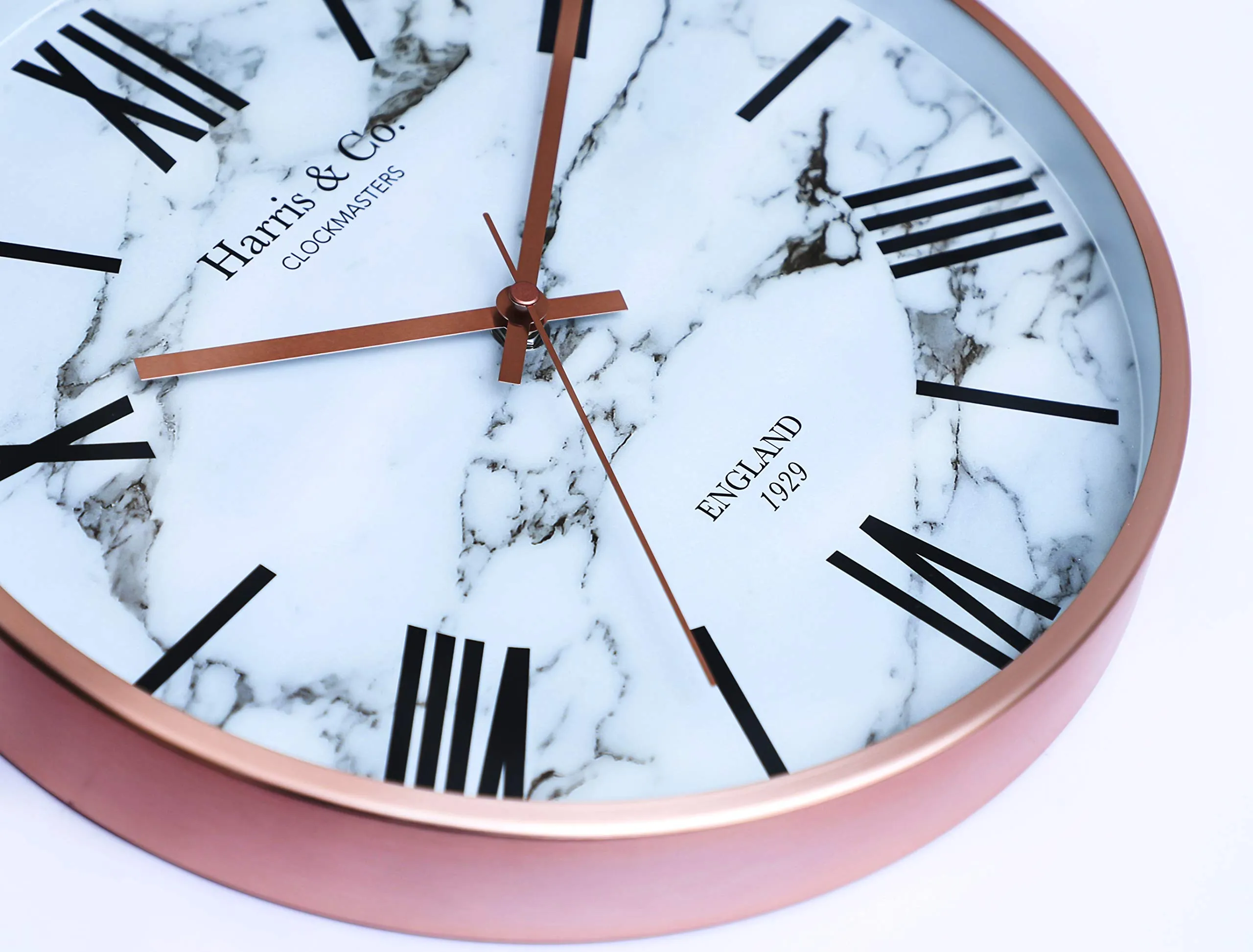 HARRIS & CO. CLOCKMASTERS Luxury Wall Clock, Marble Design - 12 inch (Rosegold Metal Frame & Hands)(Silent Sweep Noiseless Technology) (White)