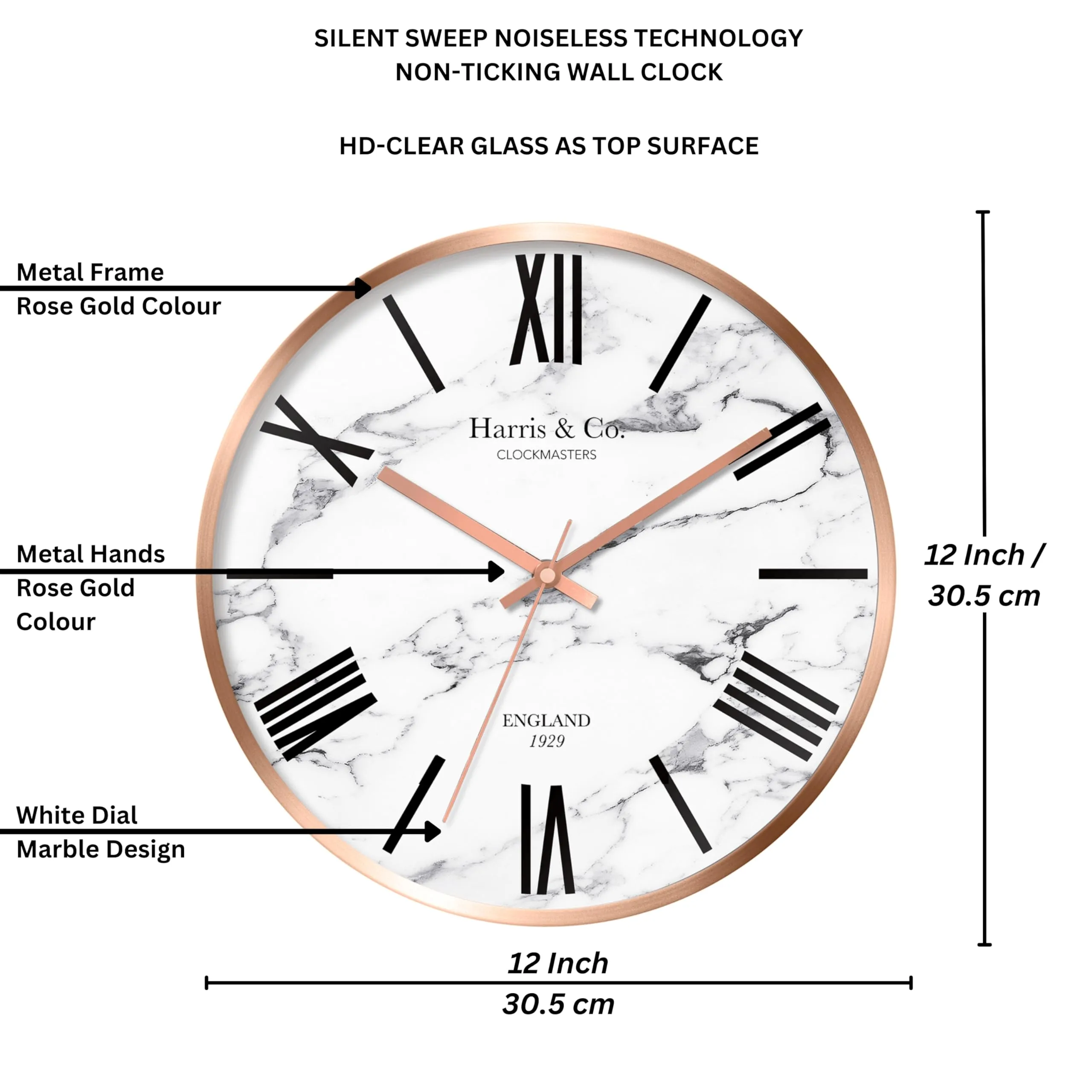 HARRIS & CO. CLOCKMASTERS Luxury Wall Clock, Marble Design - 12 inch (Rosegold Metal Frame & Hands)(Silent Sweep Noiseless Technology) (White)