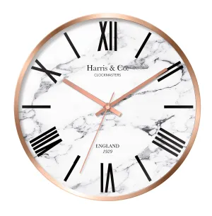 HARRIS & CO. CLOCKMASTERS Luxury Wall Clock, Marble Design - 12 inch (Rosegold Metal Frame & Hands)(Silent Sweep Noiseless Technology) (White)