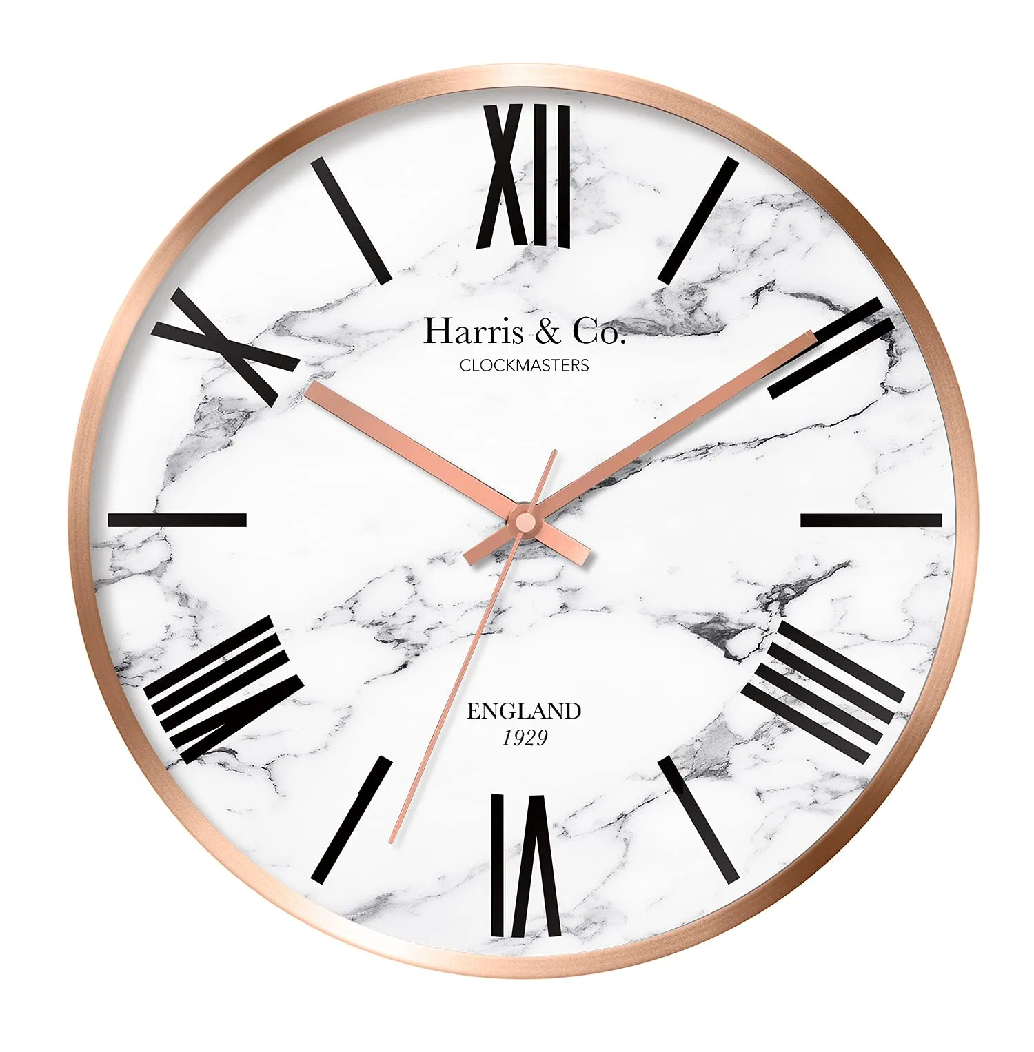 HARRIS & CO. CLOCKMASTERS Luxury Wall Clock, Marble Design - 12 inch (Rosegold Metal Frame & Hands)(Silent Sweep Noiseless Technology) (White)