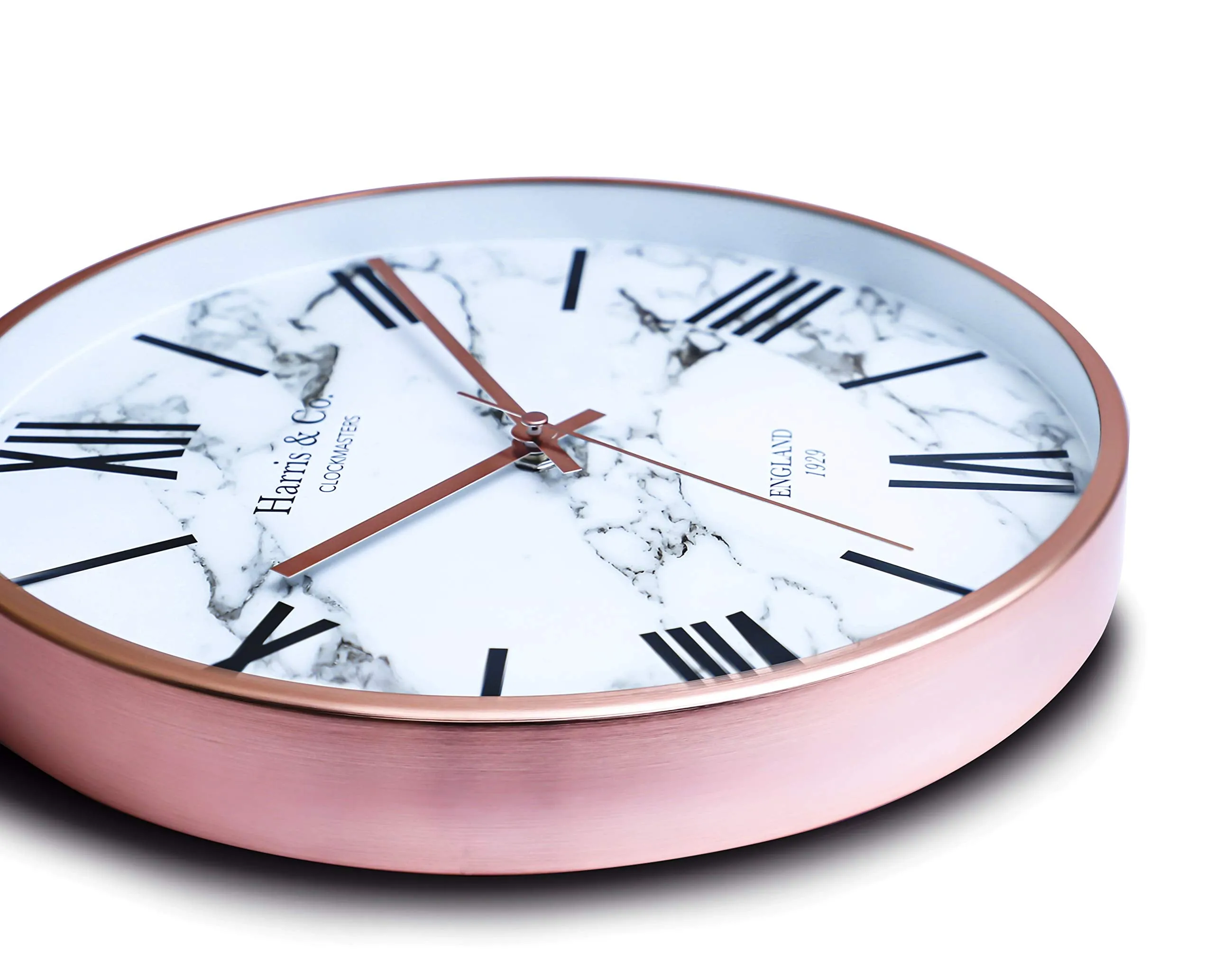 HARRIS & CO. CLOCKMASTERS Luxury Wall Clock, Marble Design - 12 inch (Rosegold Metal Frame & Hands)(Silent Sweep Noiseless Technology) (White)