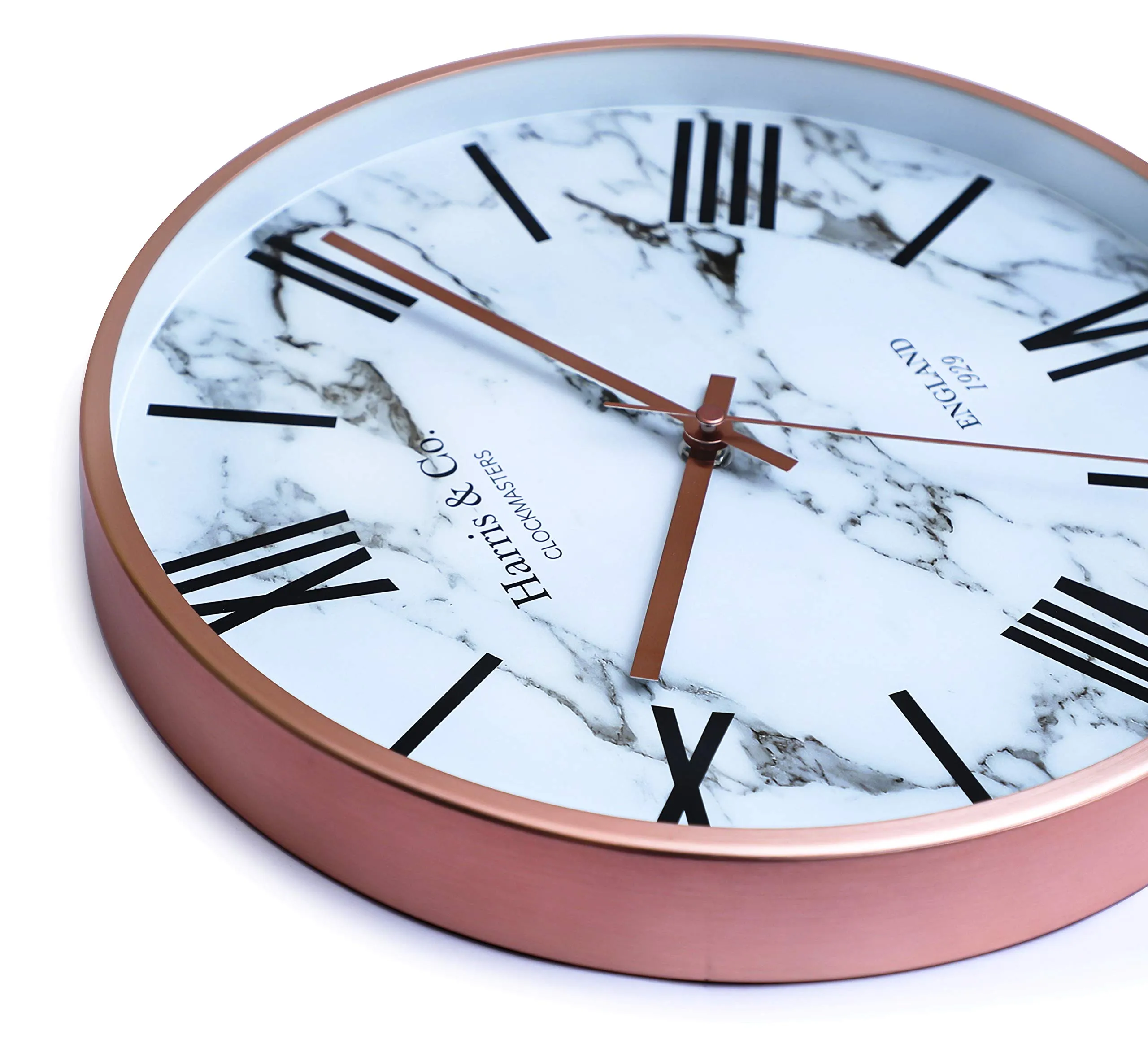 HARRIS & CO. CLOCKMASTERS Luxury Wall Clock, Marble Design - 12 inch (Rosegold Metal Frame & Hands)(Silent Sweep Noiseless Technology) (White)