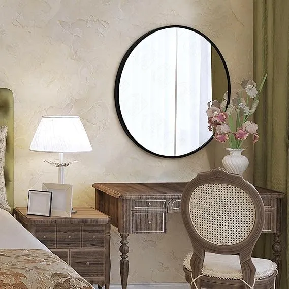 HM Home Decor Round Wall Mirror I Metal Frame I Modern Design Metal Frame I Bathroom Wash Basin, Bedroom, Drawing Room (Black Framed | Many Size) (24")